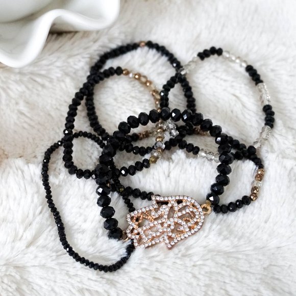 🎉 BLACK + SILVER + GOLD beaded bundle of bracelets with eye-hand pendant - Picture 2 of 2